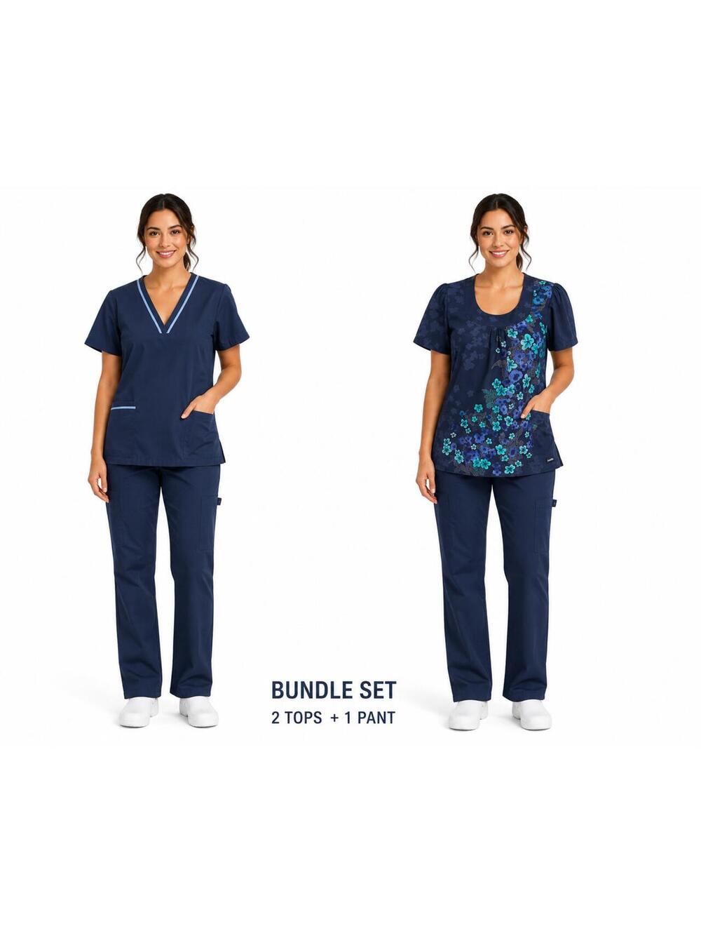 Nurse Scrub Bundle Set 2 Tops 1 Pant Navy Floral Small